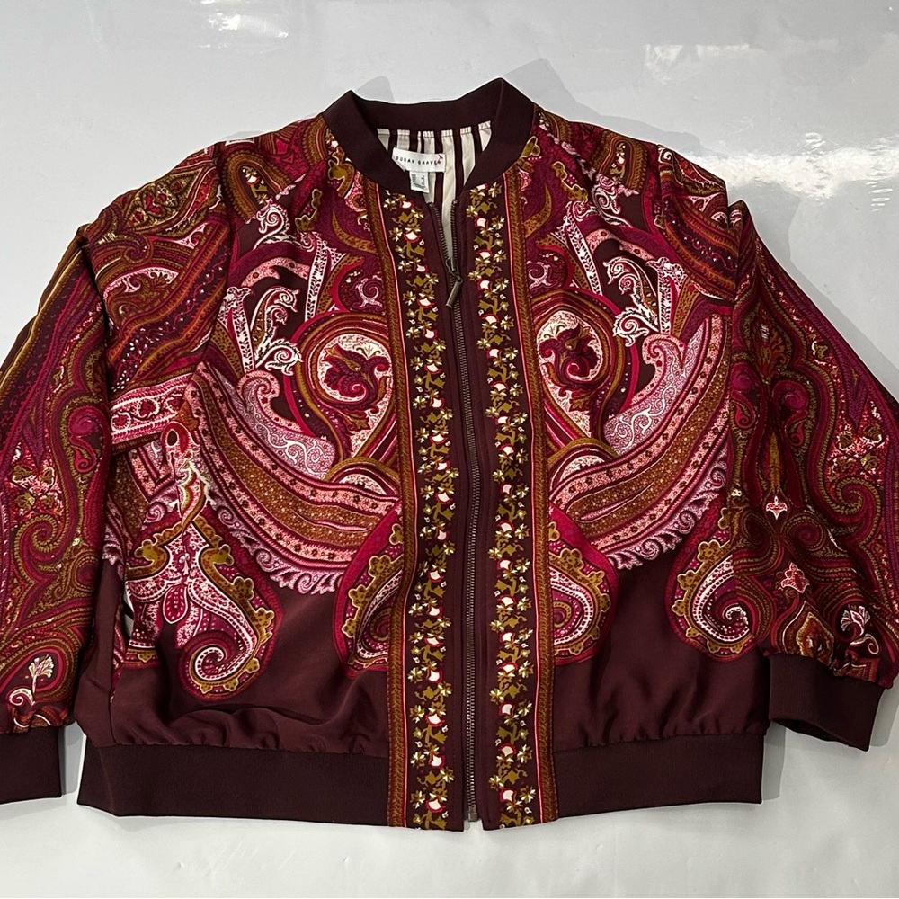 Susan Graver Burgundy Paisley Bomber Jacket - Women Size L Large